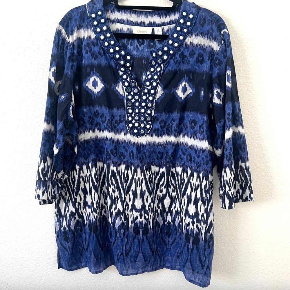 Chicos Sz XL / 3 Blue V Neck 3/4 Sleeve Tunic Top Boho Lightweight Cotton Mirror